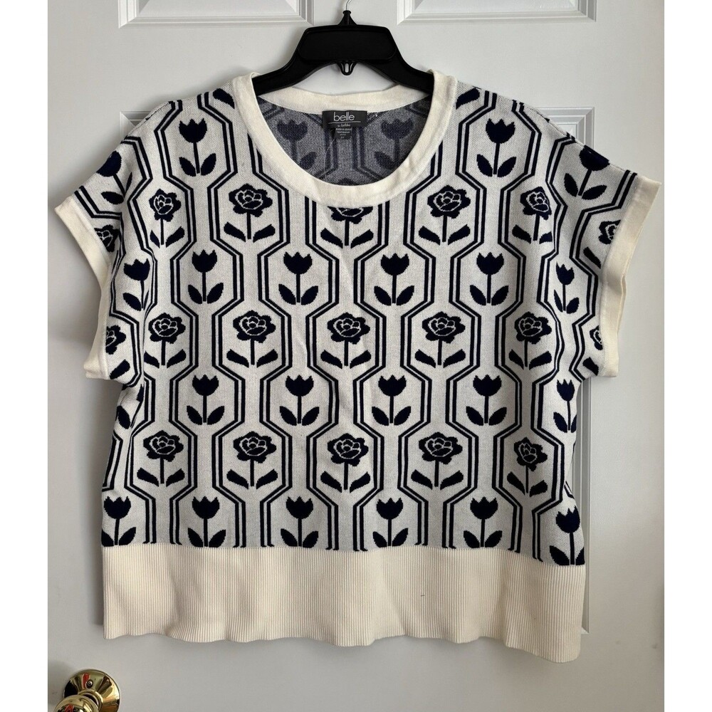 BELLE by BELLDINI SWEATER FLORAL TULIP KNIT PULLON SIZE 3X IVORY BLUE SLEEVELESS